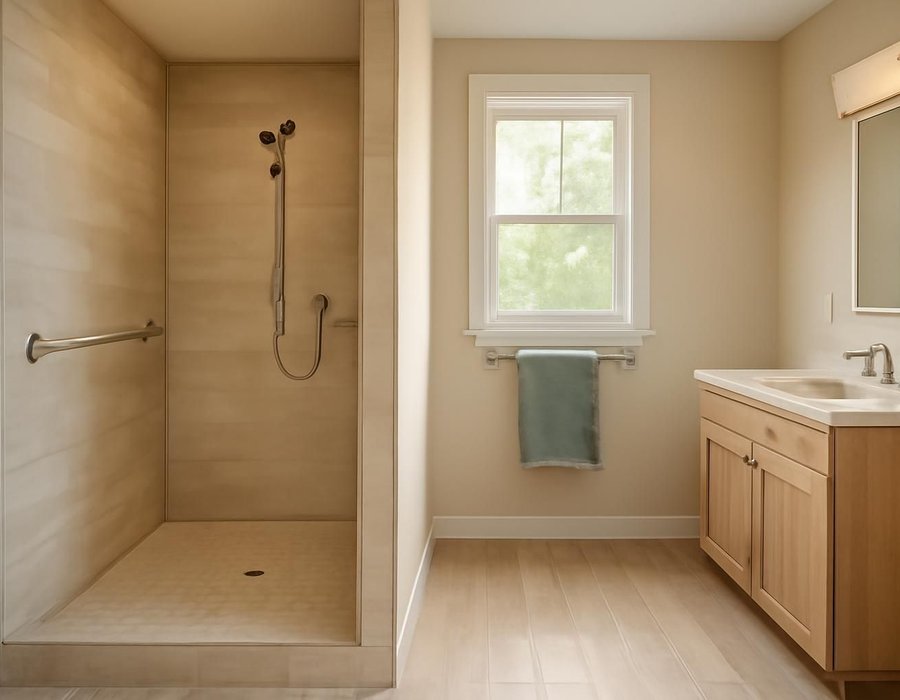 AI concept: Curbless shower built in a tub alcove beside an enlarged roll-in bathroom