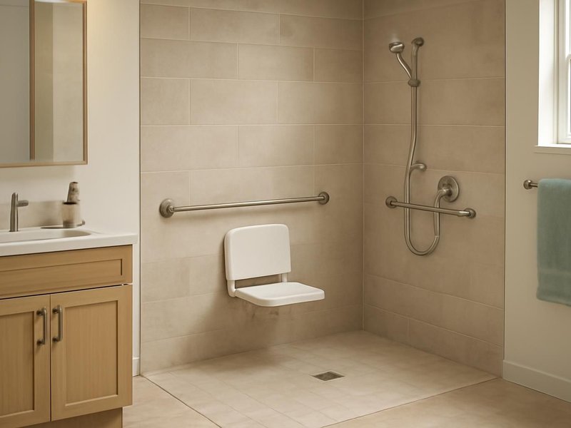AI concept: Remodeled idea: curbless tiled shower with a fold-down seat and real grab bars