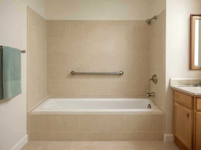 AI concept: Existing condition: hall bath with a high tub wall and a towel bar used as a handhold