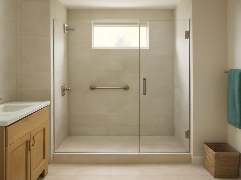 AI concept: Remodeled idea: stall rebuilt with a flush entry and a wide hinged screen