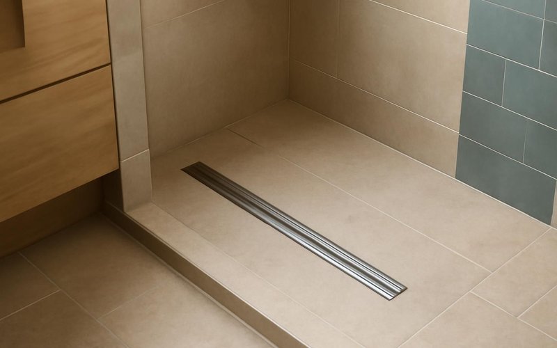 AI concept: Linear drain at the back of a curbless shower