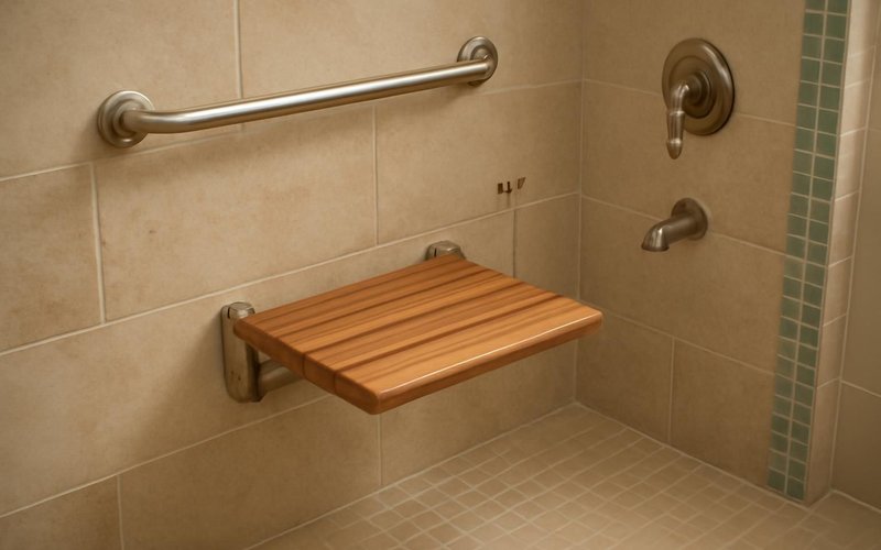 AI concept: Teak fold-down seat in a tiled shower