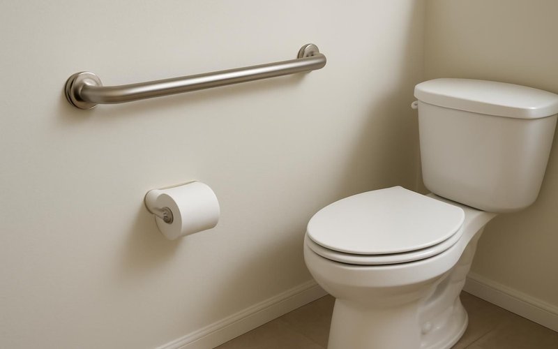AI concept: Brushed nickel grab bar beside a toilet
