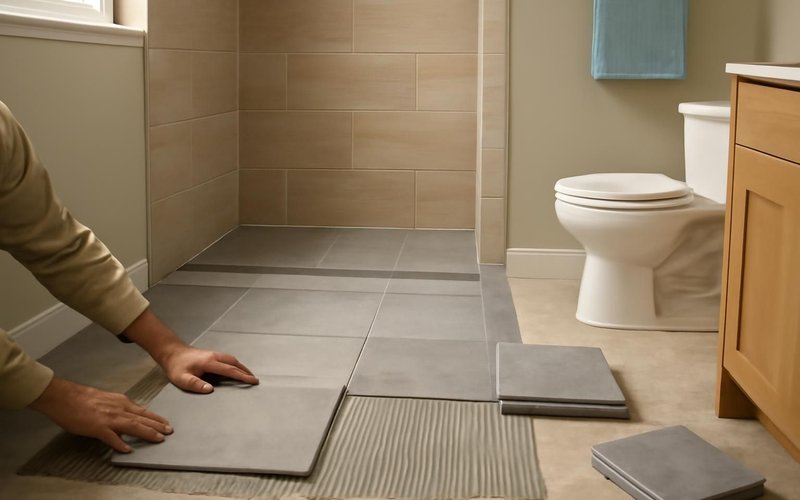 AI concept: Tile being set on a curbless shower floor