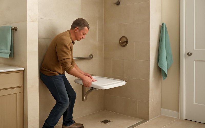 AI concept: Homeowner trying a fold-down shower seat