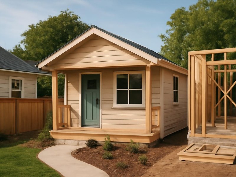 AI concept: Remodeled idea: one-bedroom cottage ADU with a small porch and a path