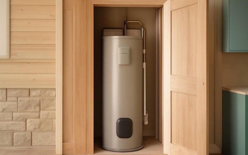 AI concept: Heat pump water heater in a utility closet