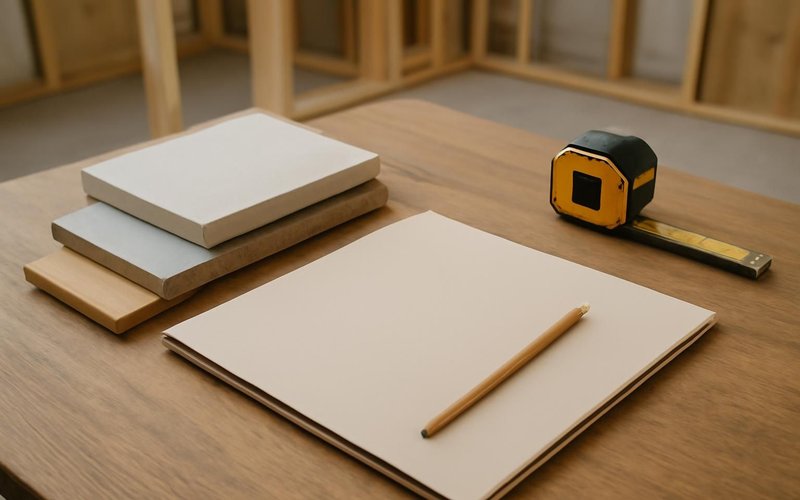 AI concept: A natural close photograph of a remodeling planning worktable for adu construction with appropriate unmarked material samples, pencil, tape measure and a completely blank closed folder. No drawings or paper with markings