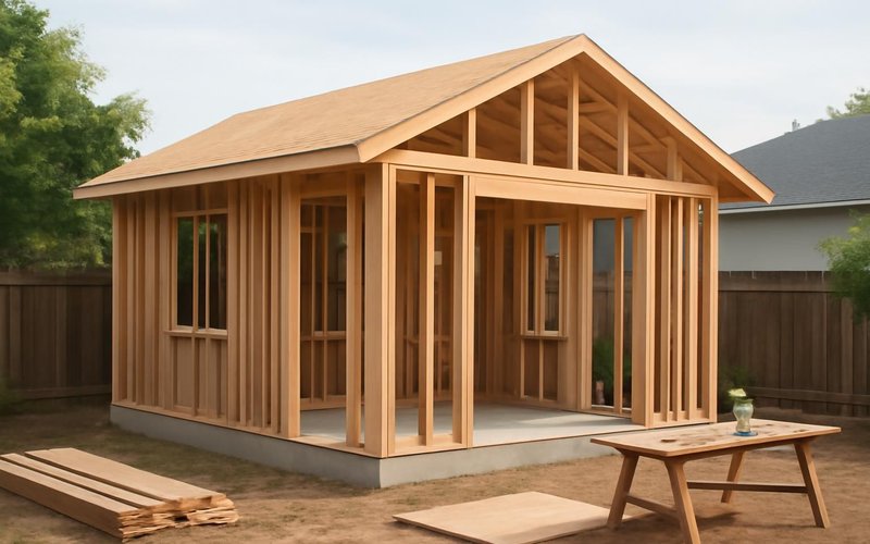 AI concept: Framed backyard ADU with roof sheathing