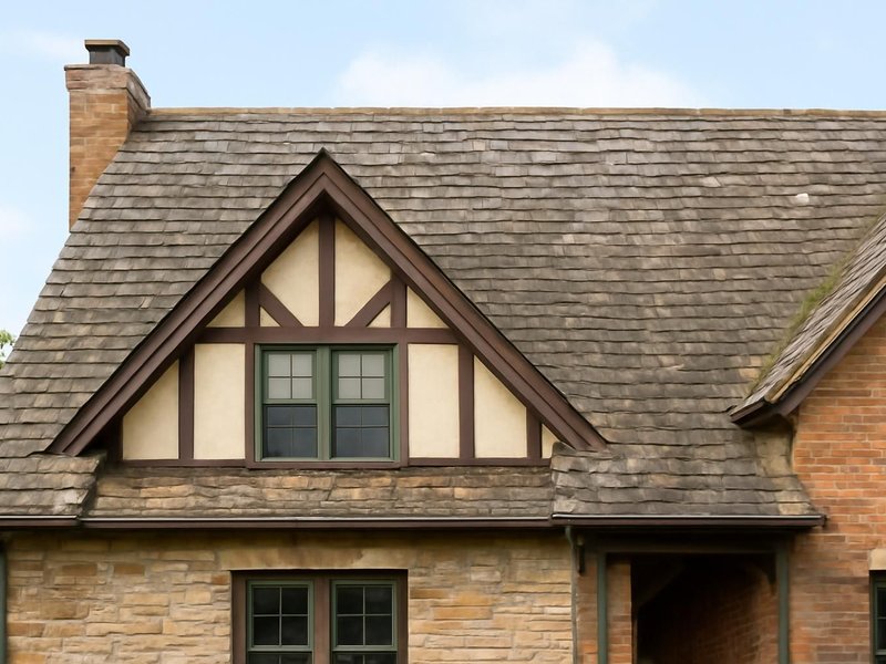 AI concept: Existing condition: worn shingles on a Tudor-style house