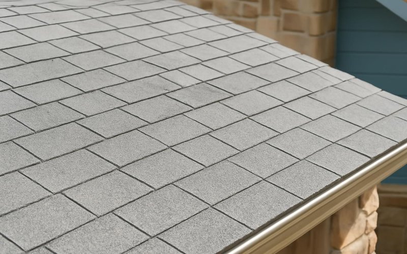 AI concept: Light gray reflective cool-roof shingles in sunlight