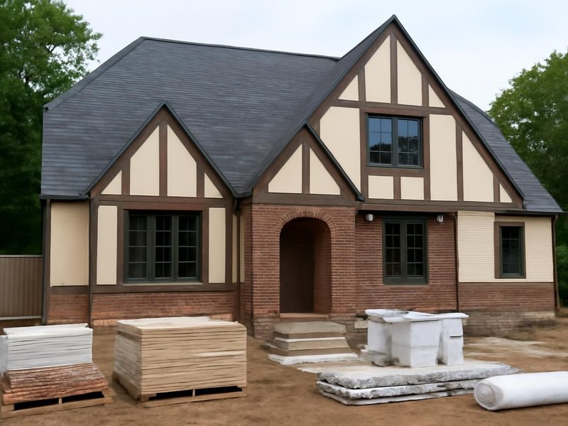 AI concept: An American Tudor house with a finished slate-look asphalt shingle roof