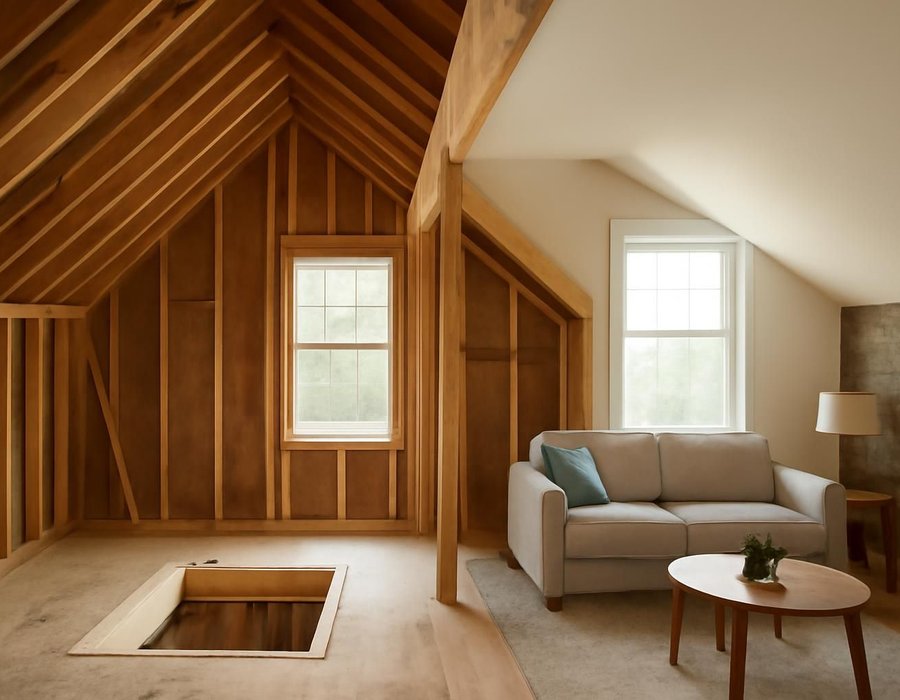 AI concept: Attic converted under the original roof beside an attic with a shed dormer adding headroom