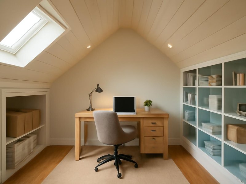 AI concept: Remodeled idea: home office with built-in shelves in the knee walls
