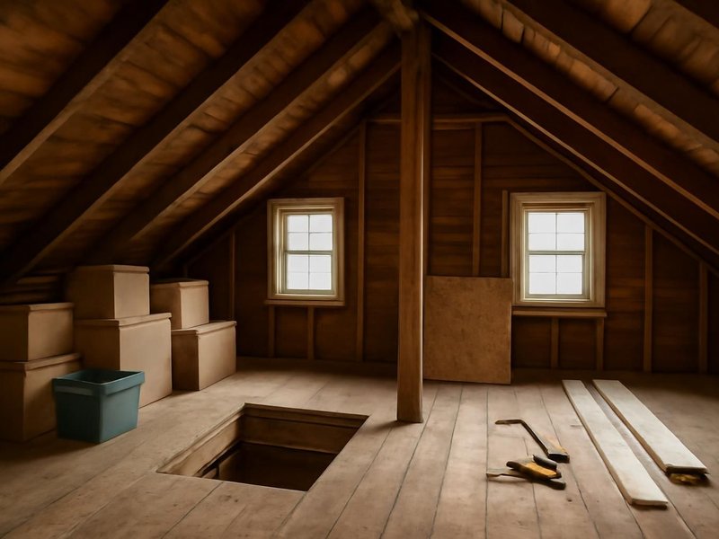 AI concept: Existing condition: dark attic over a cape with two small gable windows