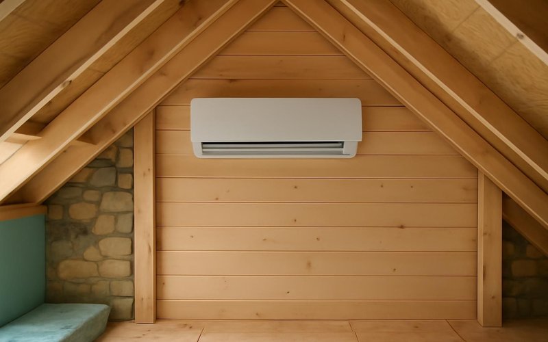 AI concept: Ductless mini-split head on an attic wall