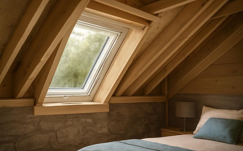 AI concept: Casement egress window in an attic bedroom