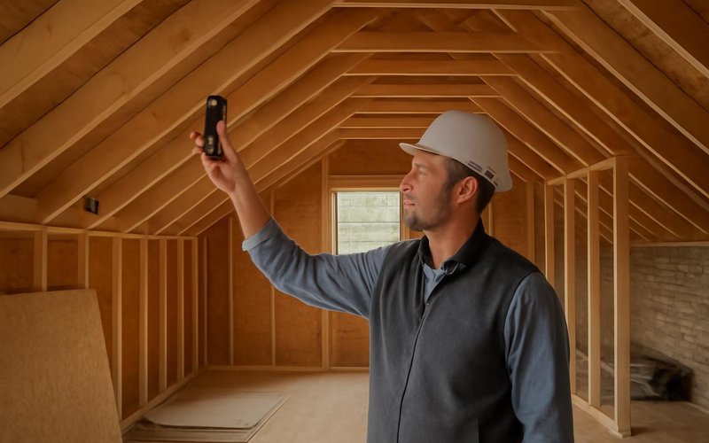 AI concept: Supervisor measuring attic headroom with a laser