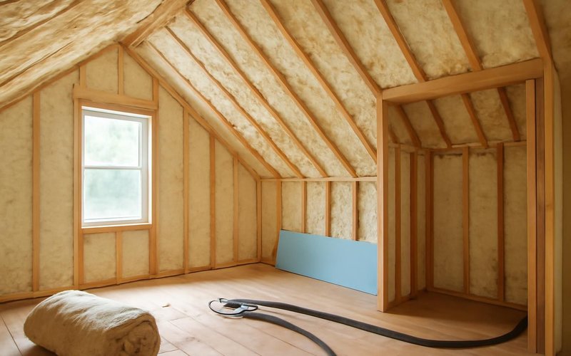 AI concept: Spray foam insulation between attic rafters