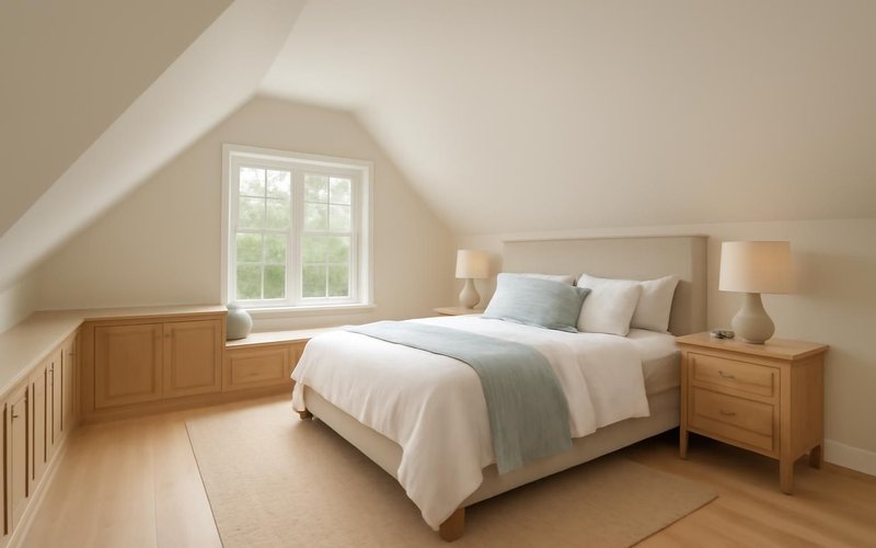 AI concept: Finished attic bedroom with sloped ceiling