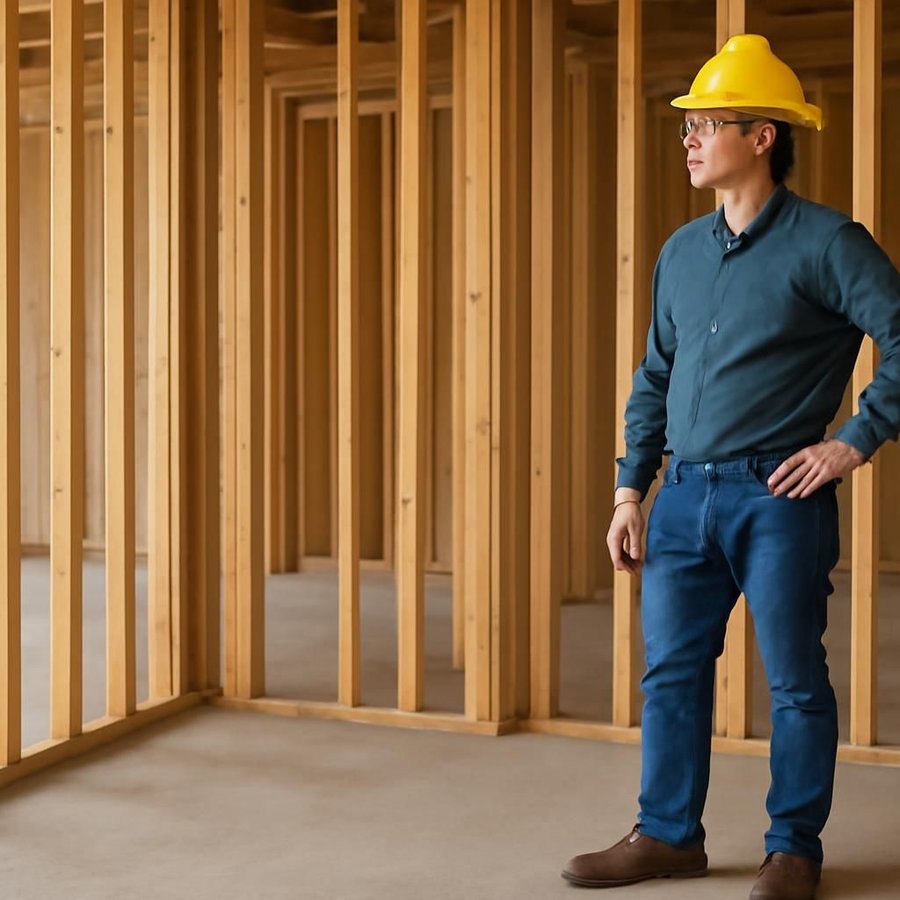 Project supervisor reviewing framing on a job site
