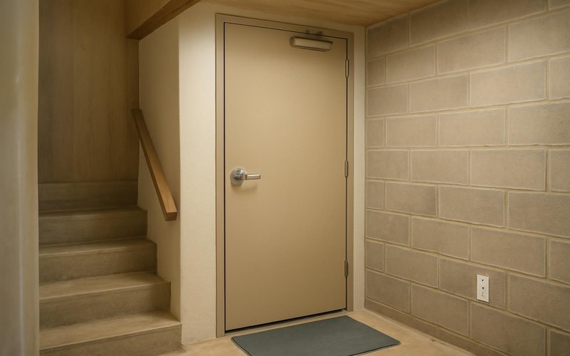 AI concept: Self-closing fire-rated door at a basement stair