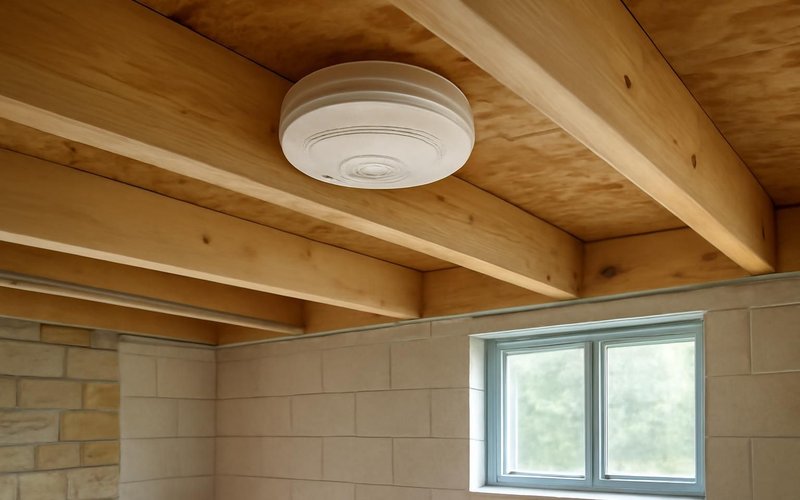 AI concept: Hardwired smoke and carbon monoxide alarm on a ceiling