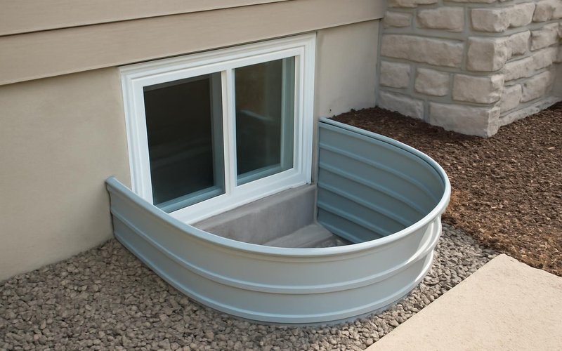 AI concept: Egress window well with steps outside a basement