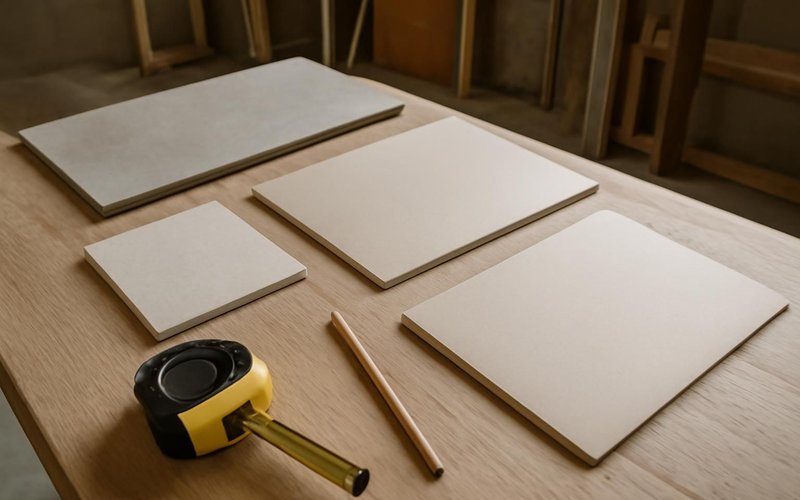 AI concept: A natural close photograph of a remodeling planning worktable for basement apartment conversion with appropriate unmarked material samples, pencil, tape measure and a completely blank closed folder. No drawings or paper with markings
