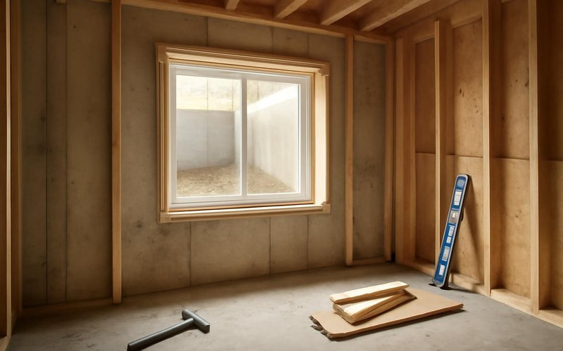 AI concept: Egress window opening cut in a basement foundation