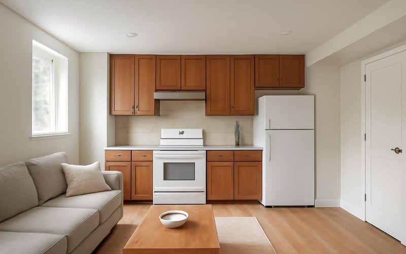 AI concept: Finished basement apartment kitchen and living area