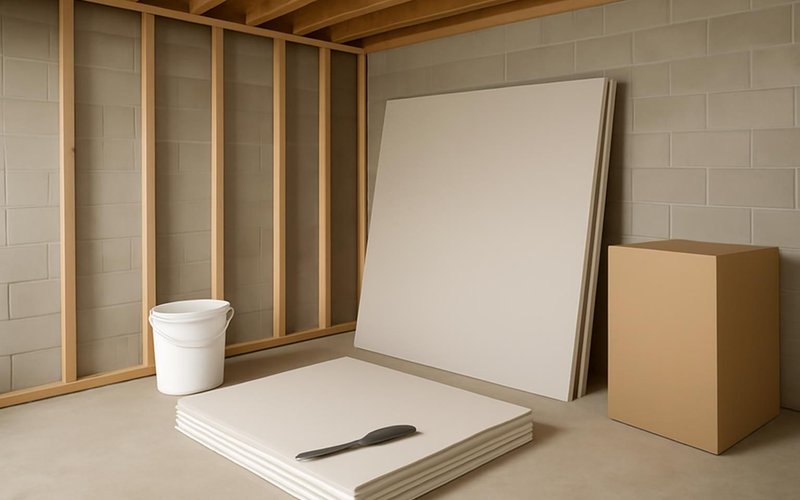 AI concept: Mold-resistant drywall panels in a basement
