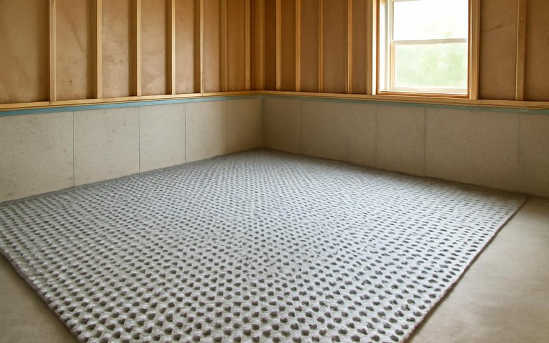 AI concept: Dimpled subfloor panels laid on a basement slab
