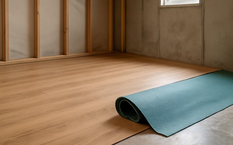 AI concept: Waterproof vinyl plank flooring in a basement