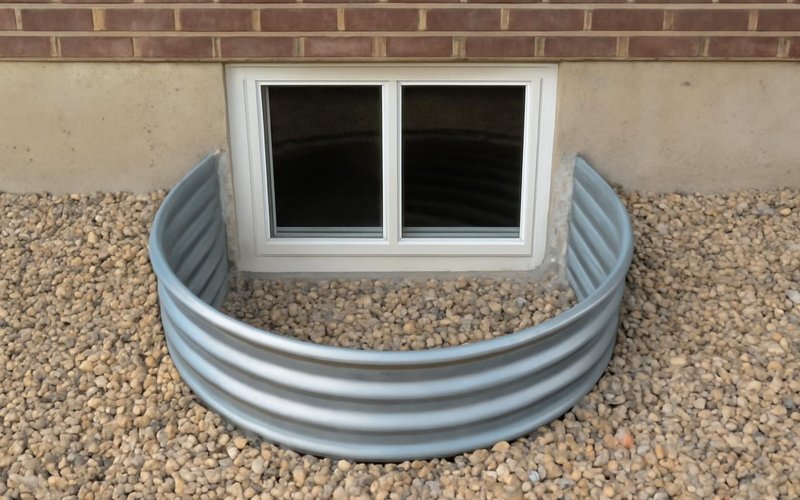 AI concept: An exterior egress window well outside a basement window, surrounded by gravel, viewed from outdoors