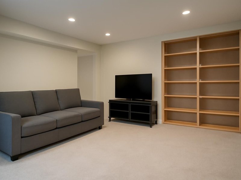 AI concept: A finished basement family room with a sofa, television and completely empty shelving, no decorative containers