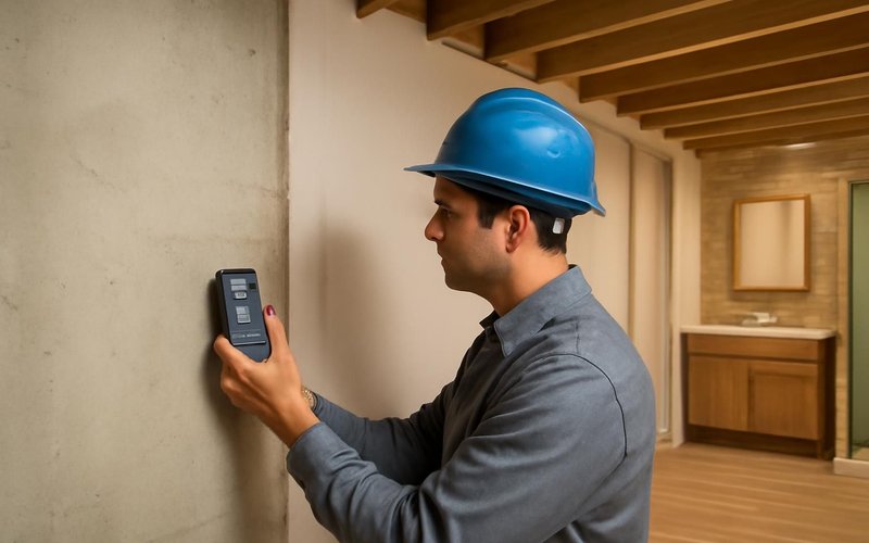 AI concept: Supervisor taking a moisture reading on a basement wall