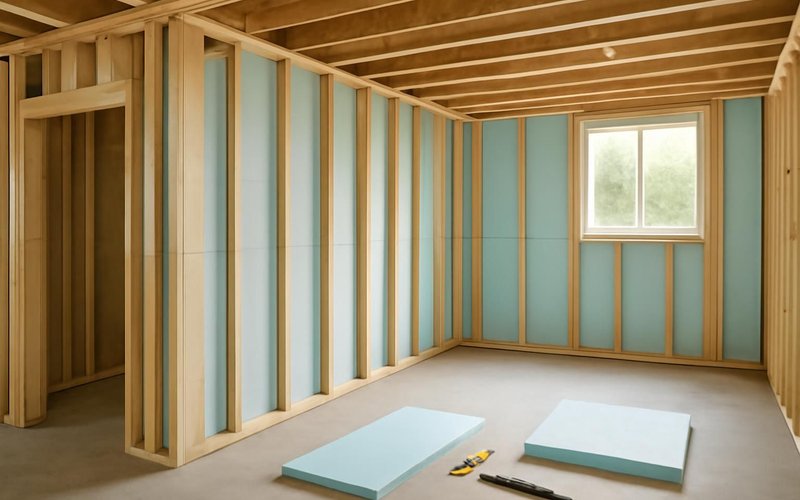 AI concept: Framed basement walls with rigid foam insulation
