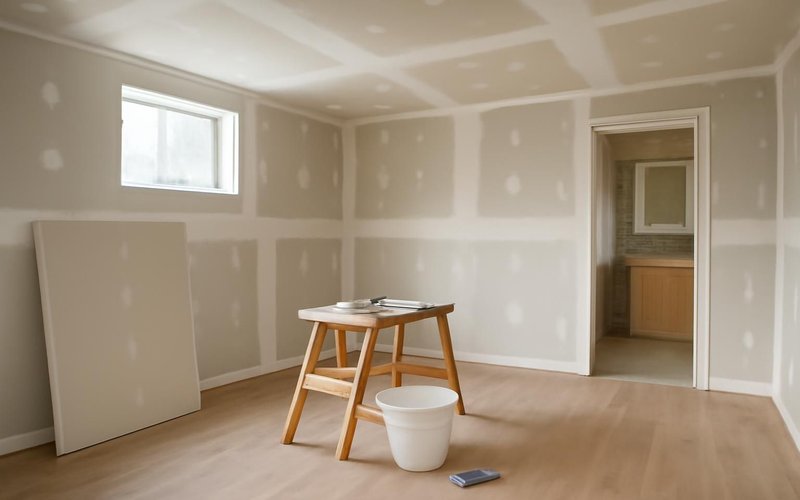 AI concept: Drywall being finished in a basement family room