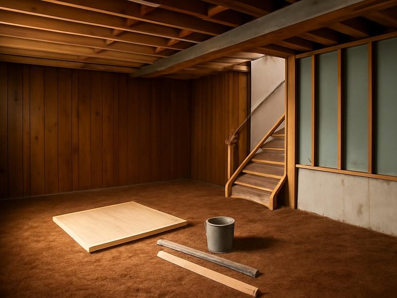 AI concept: Existing condition: dark wood paneling and a brown shag carpet