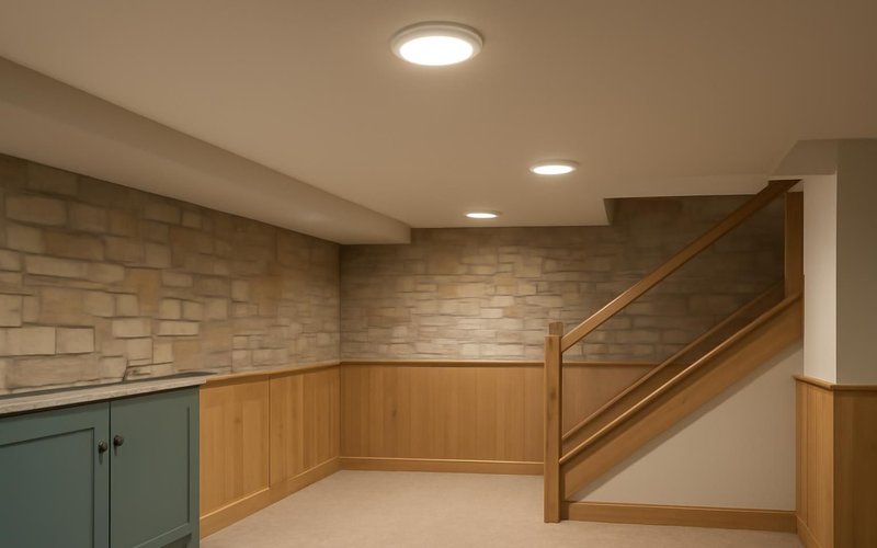 AI concept: Slim LED wafer lights in a low basement ceiling