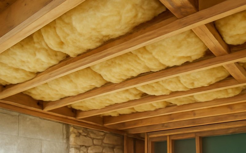 AI concept: Sound insulation batts between basement ceiling joists