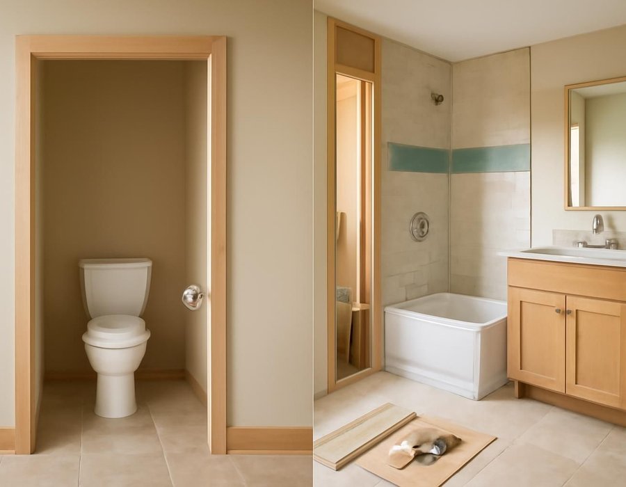 AI concept: A closet converted to a half bath on the left and a bump-out bathroom addition on the right