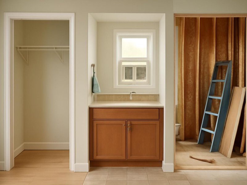 AI concept: Remodeled idea: half bath with a vanity and a window fan where the closet was