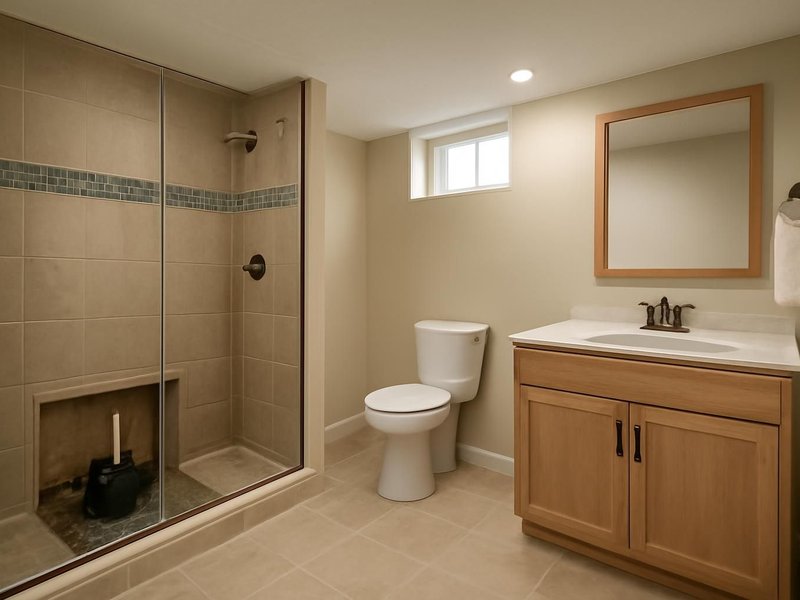 AI concept: Remodeled idea: full basement bathroom with a tiled shower and an ejector pump