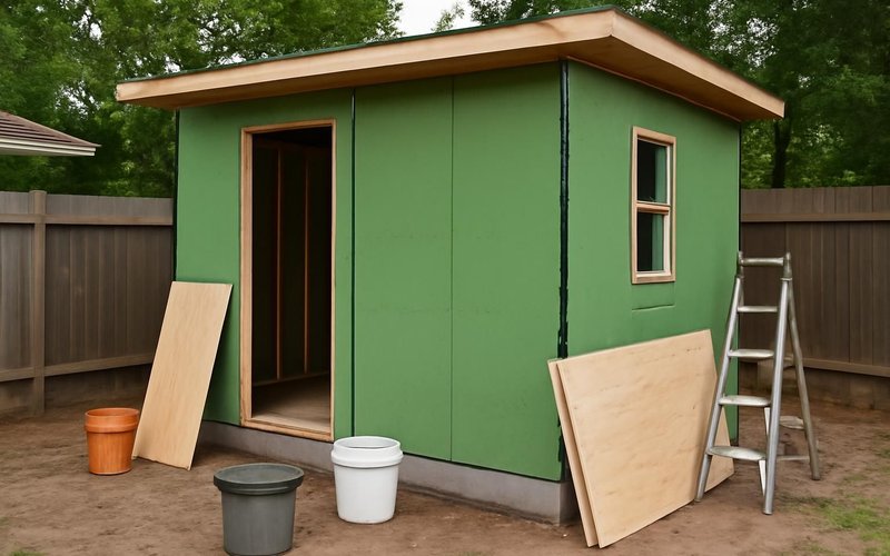AI concept: ZIP System sheathing on a small bathroom addition