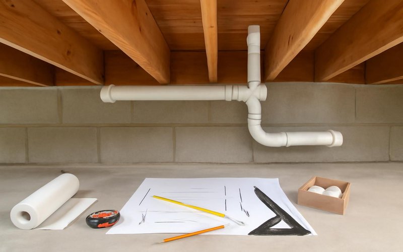 AI concept: Supervisor tracing a drain line in a basement ceiling