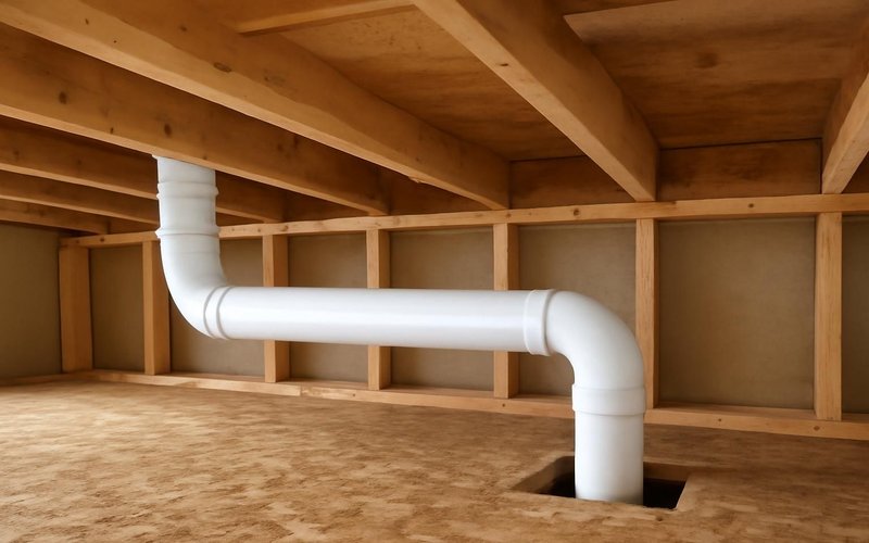AI concept: New drain pipe run through open floor joists
