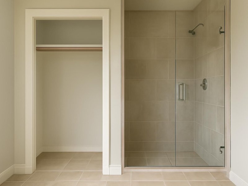 AI concept: Remodeled idea: closet absorbed into a larger tiled shower with a glass door