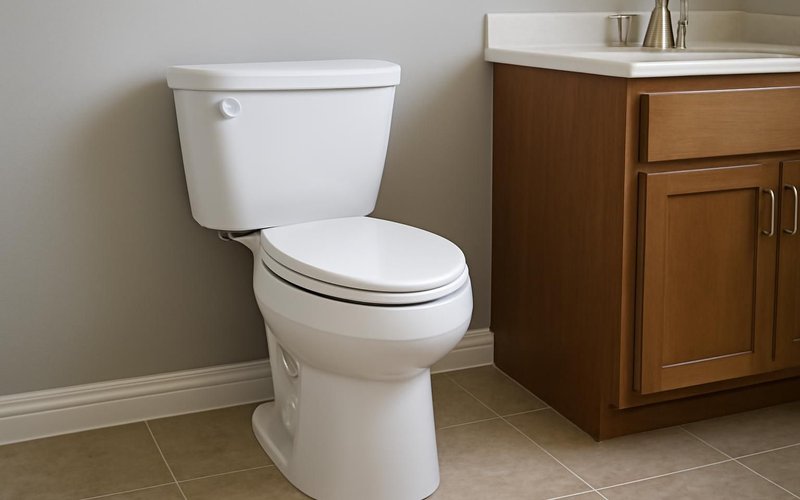 AI concept: White comfort-height toilet next to a vanity